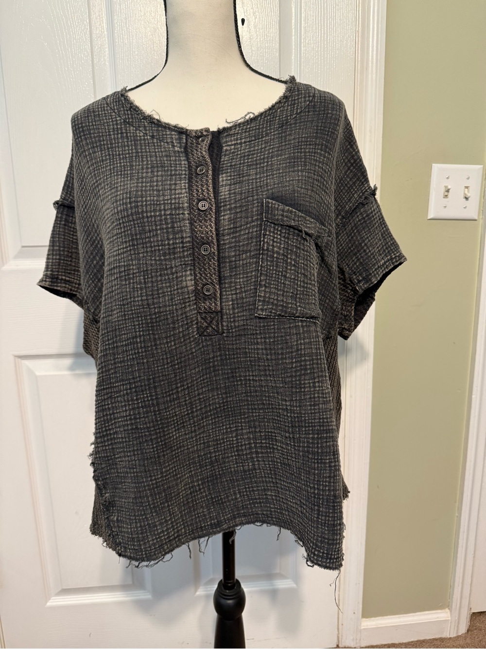 Zenana Outfitters Washed Black Short-Sleeve Waffle Henley